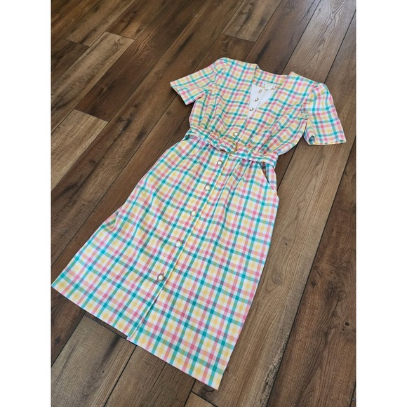 Vintage 80s Periwinkle Plaid Midi Dress Belted Career Cottagecore USA‎ - Picture 3 of 10